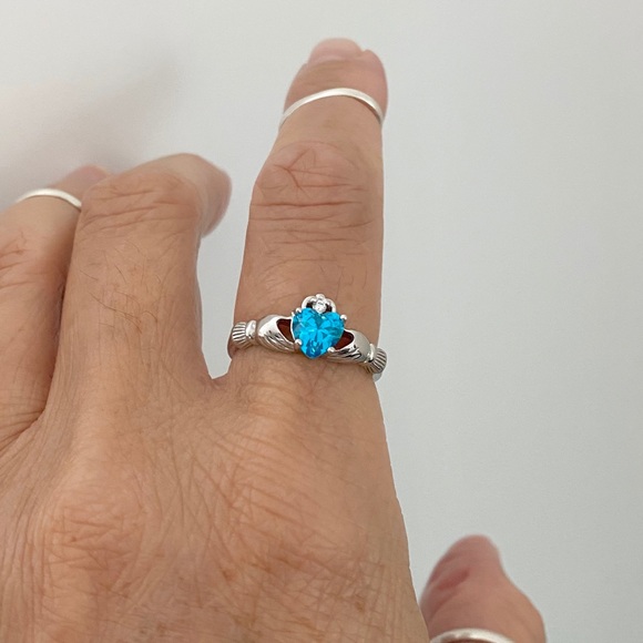 Sterling Silver Blue Topaz CZ Claddagh Ring, Irish Friendship Heart Jewelry - Picture 7 of 8